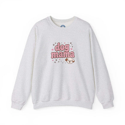 dog mama sweatshirt with hand-drawn lettering and smiling pup