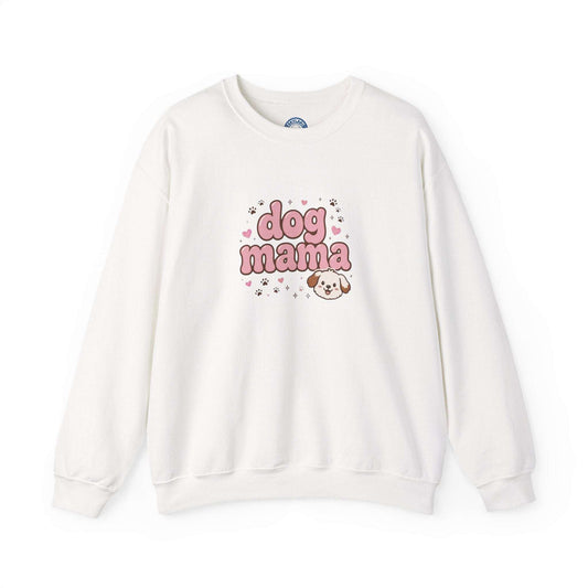 Dog Mama Sweatshirt in white cotton-blend fabric with pink lettering, hearts, paw prints, and smiling dog graphic