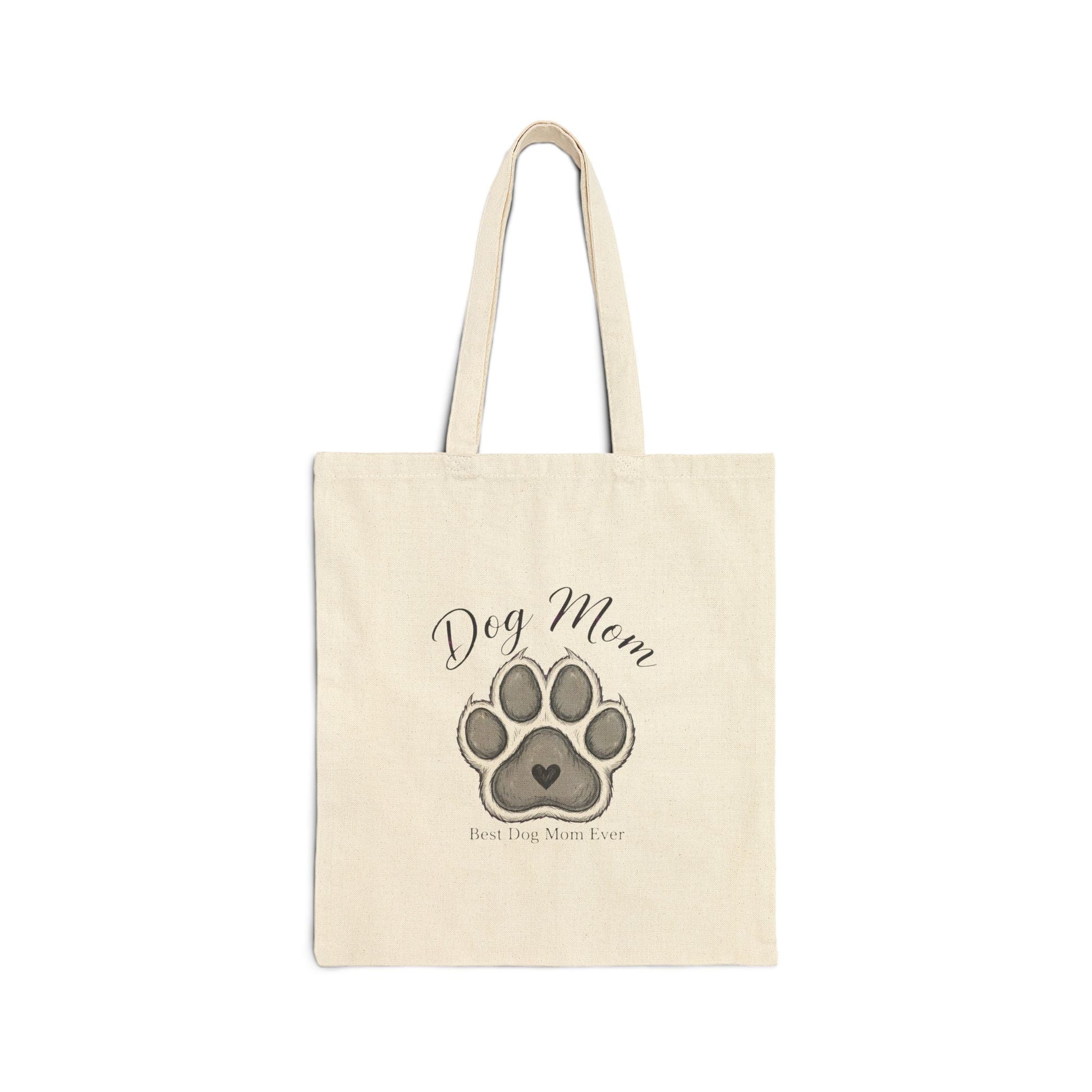 Dog Mom canvas tote bag with paw print and script design