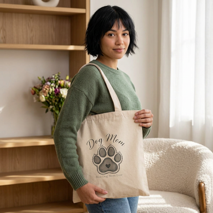 Durable dog mom canvas tote bag with paw print design