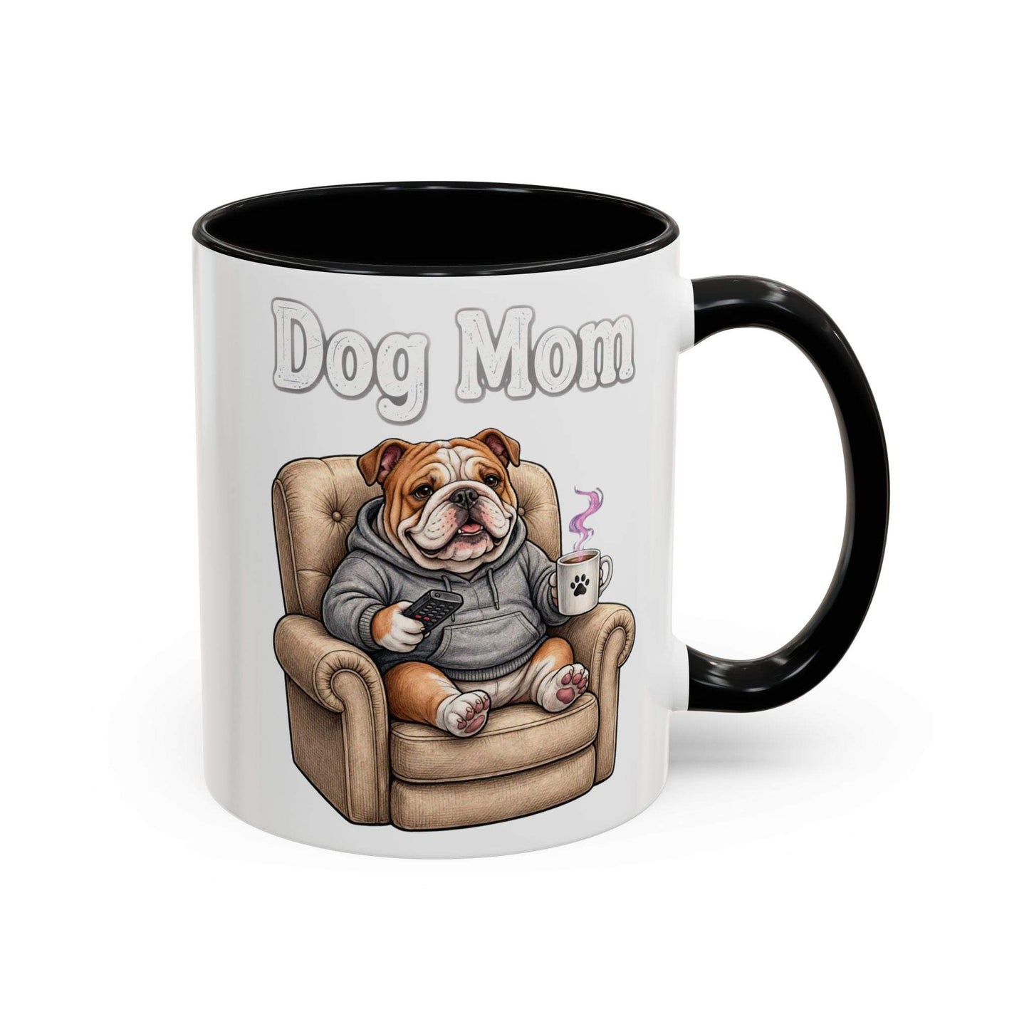 ceramic dog mom mug with bulldog illustration and color handle