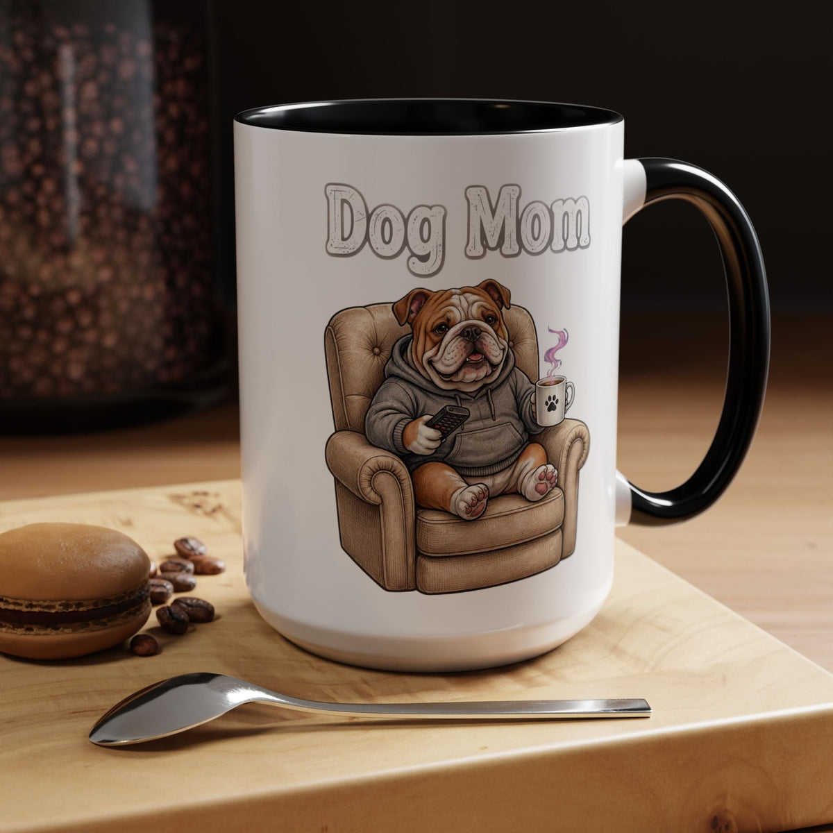 Bulldog dog mom coffee mug with colorful handle and interior