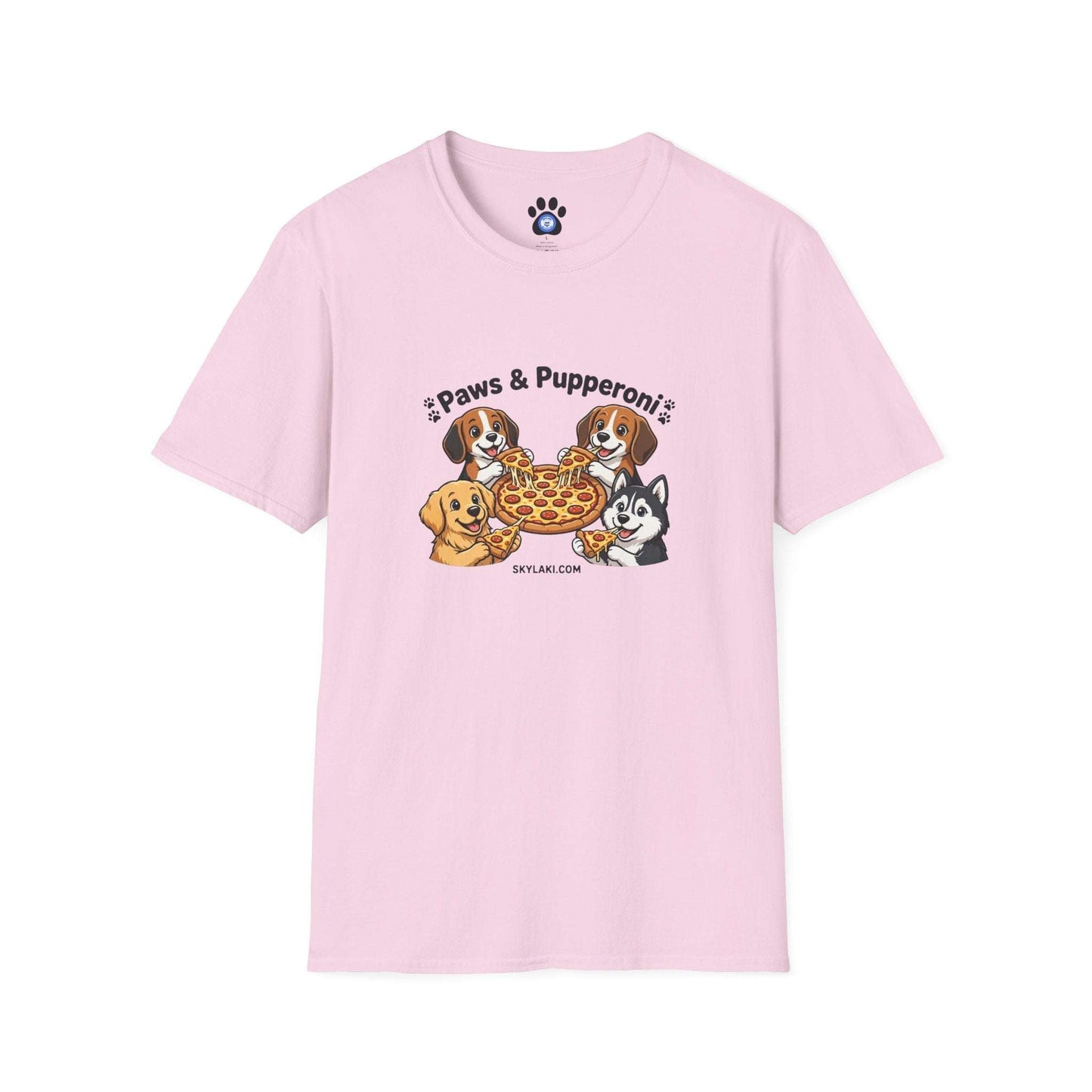 Unisex dog pizza shirt with four pups sharing pepperoni pizza