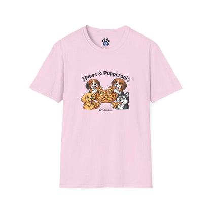 Unisex dog pizza shirt with four pups sharing pepperoni pizza