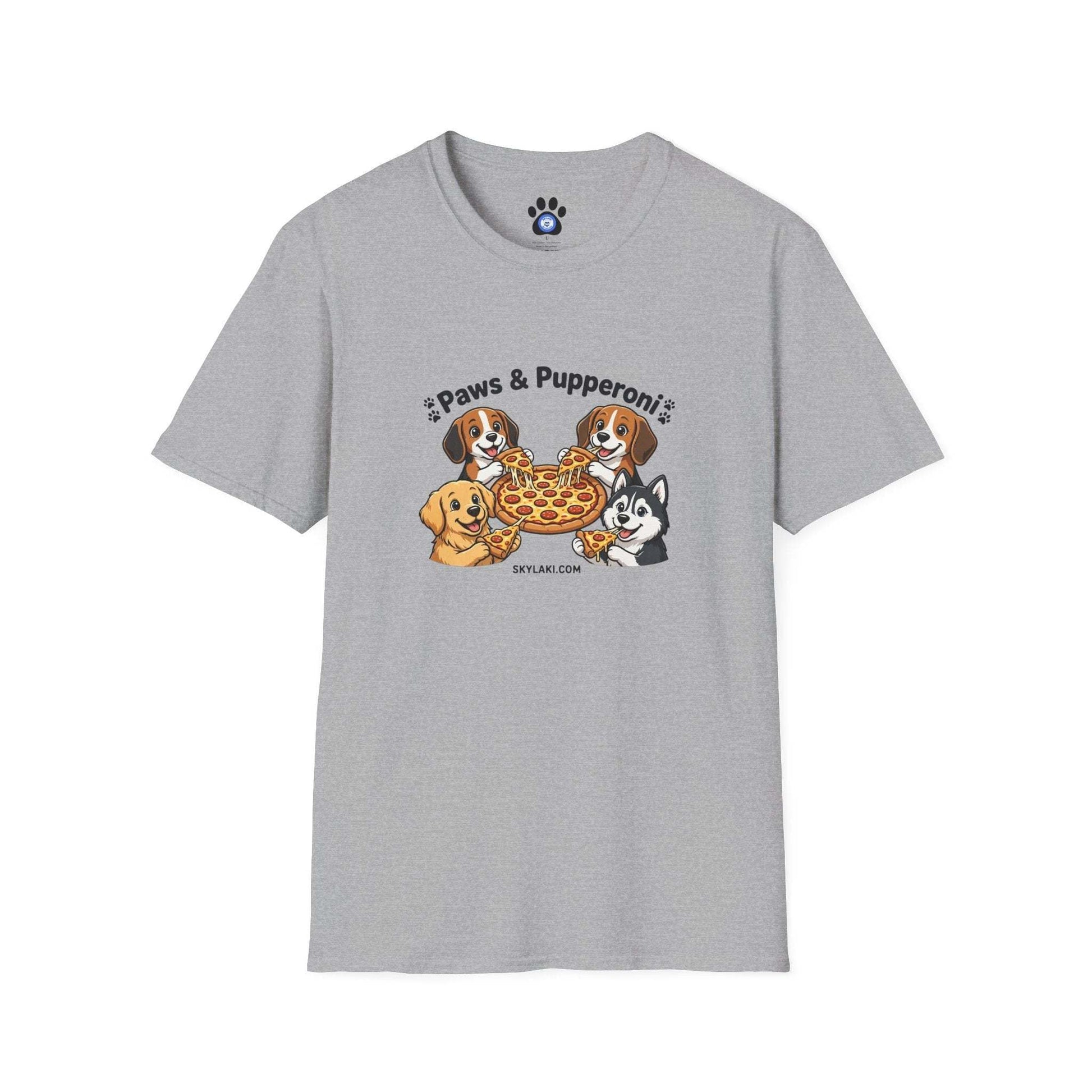 Unisex dog pizza shirt with four pups sharing pepperoni pizza