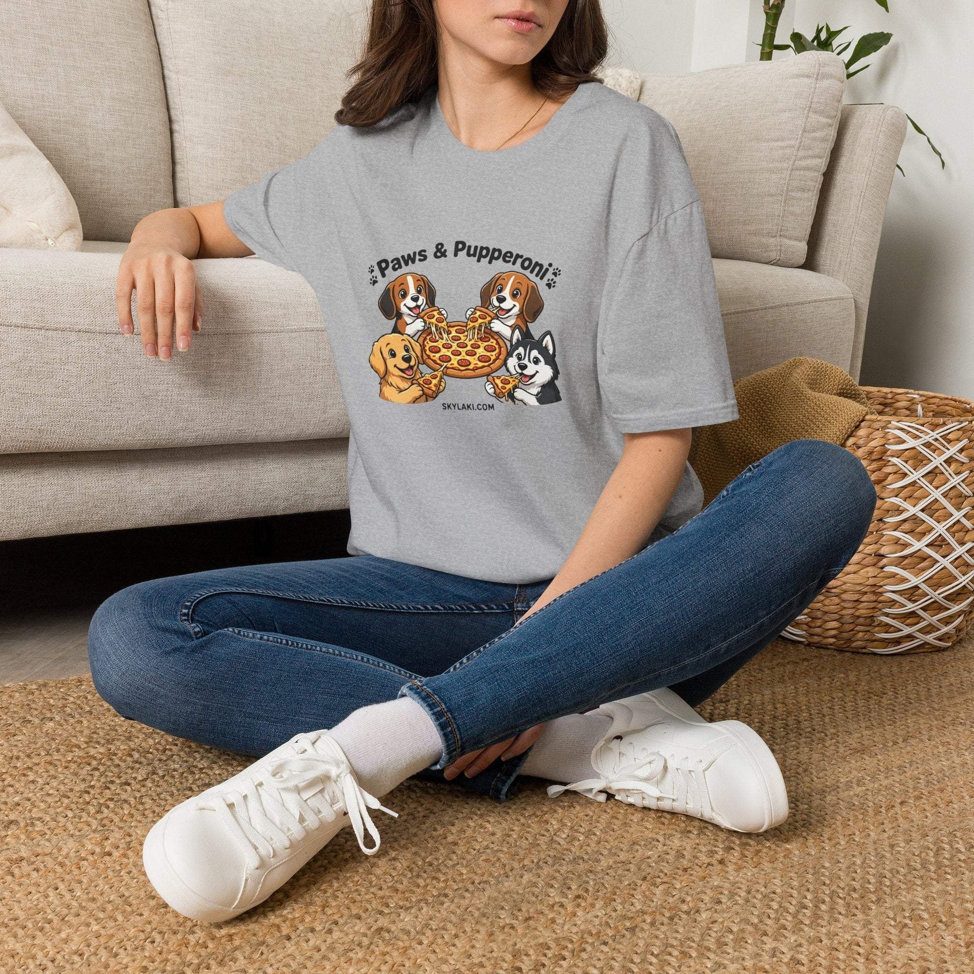 Unisex dog pizza shirt with four puppies sharing pepperoni pizza