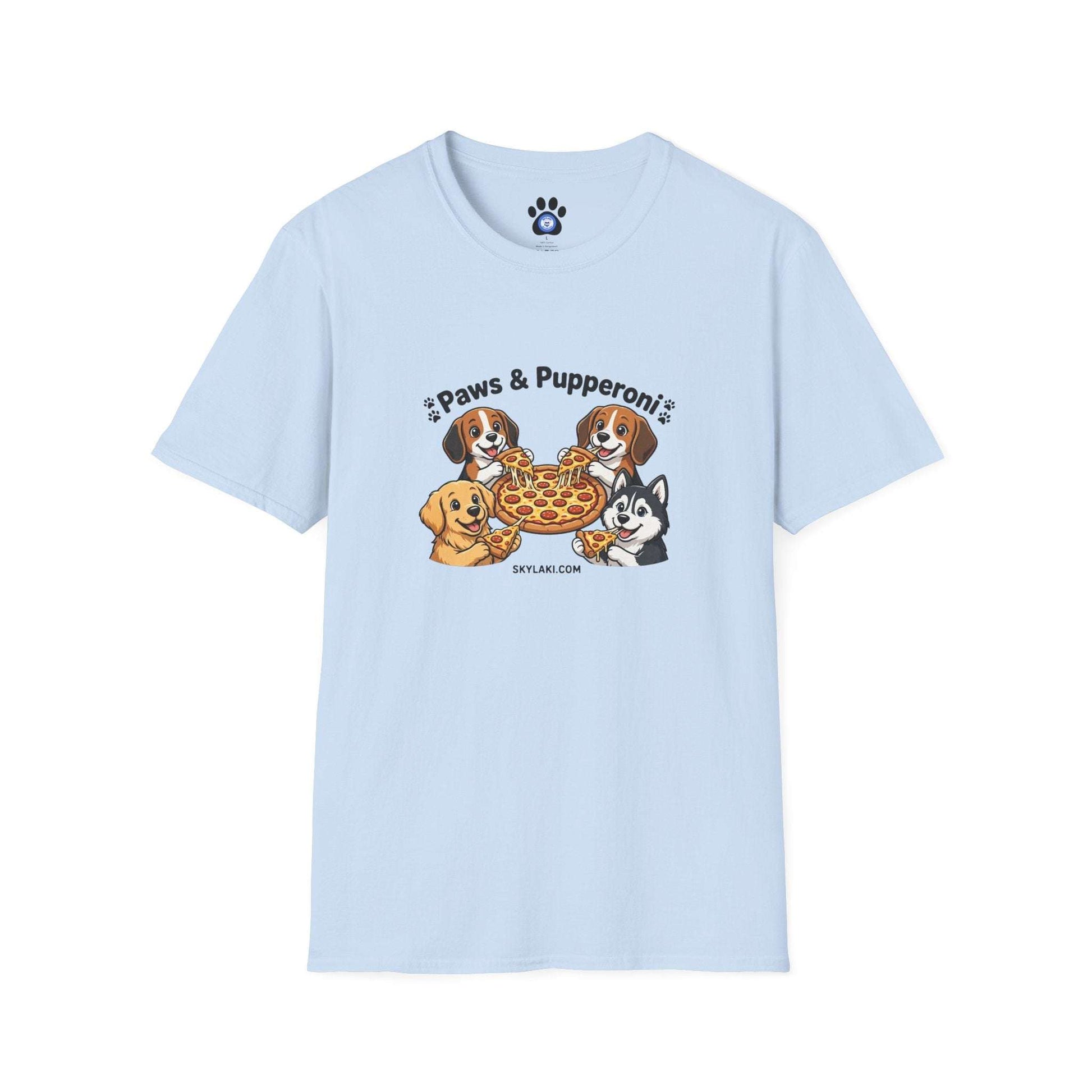 unisex dog pizza shirt with four pups sharing pepperoni pizza