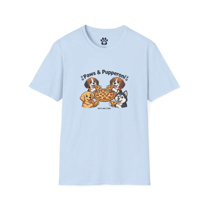 unisex dog pizza shirt with four pups sharing pepperoni pizza