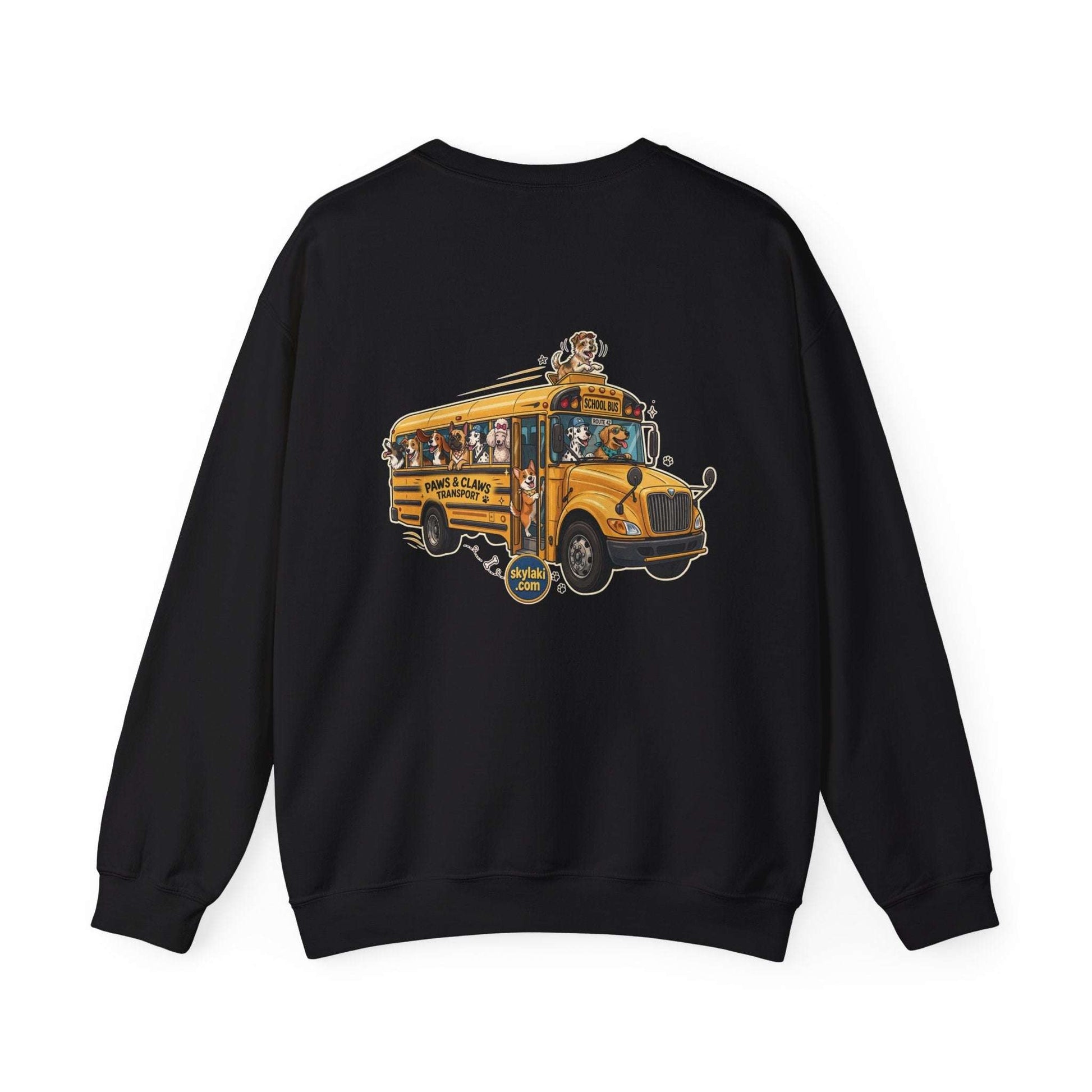Unisex dog school bus sweatshirt featuring 10 dog breeds on yellow bus design