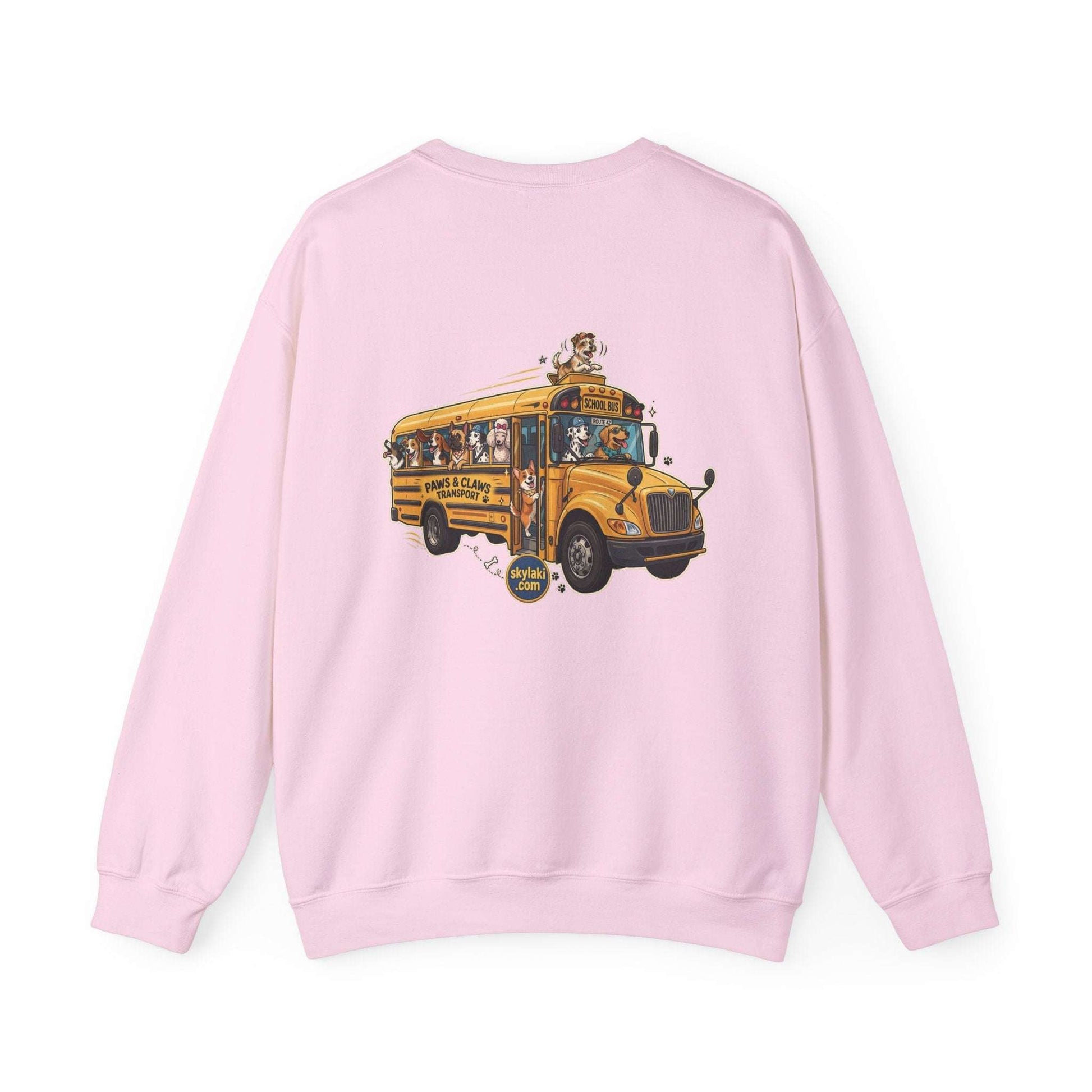 Dog school bus sweatshirt with whimsical dog breeds design