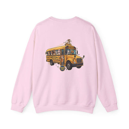 Dog school bus sweatshirt with whimsical dog breeds design