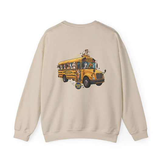 Unisex dog school bus sweatshirt featuring 10 dog breeds in whimsical design