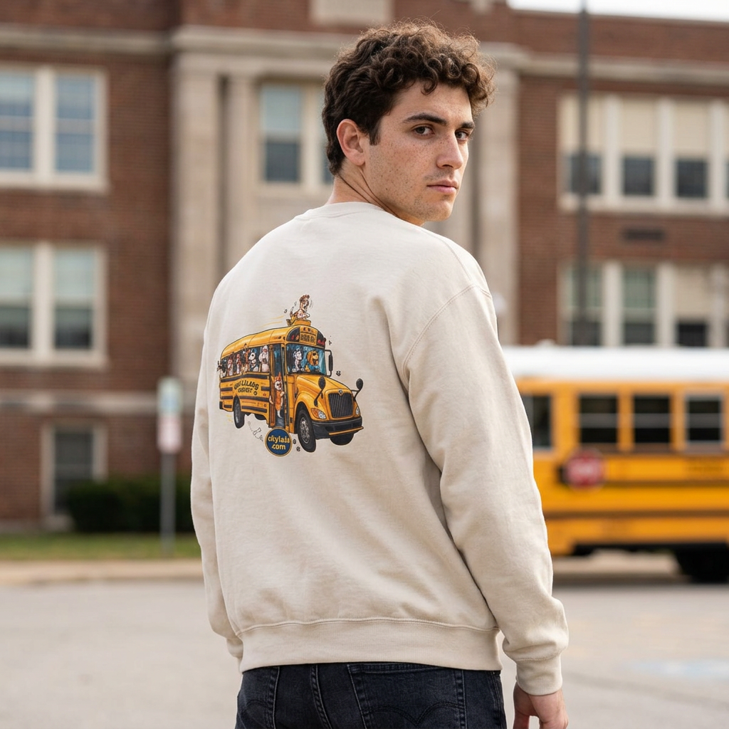 Dog school bus sweatshirt with playful dogs in yellow bus design