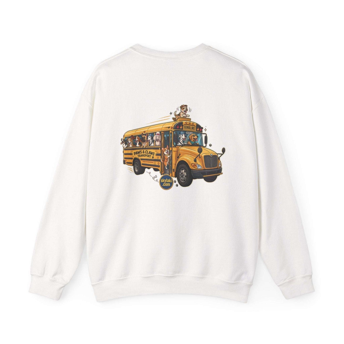 Dog school bus sweatshirt with whimsical multi-breed dog design