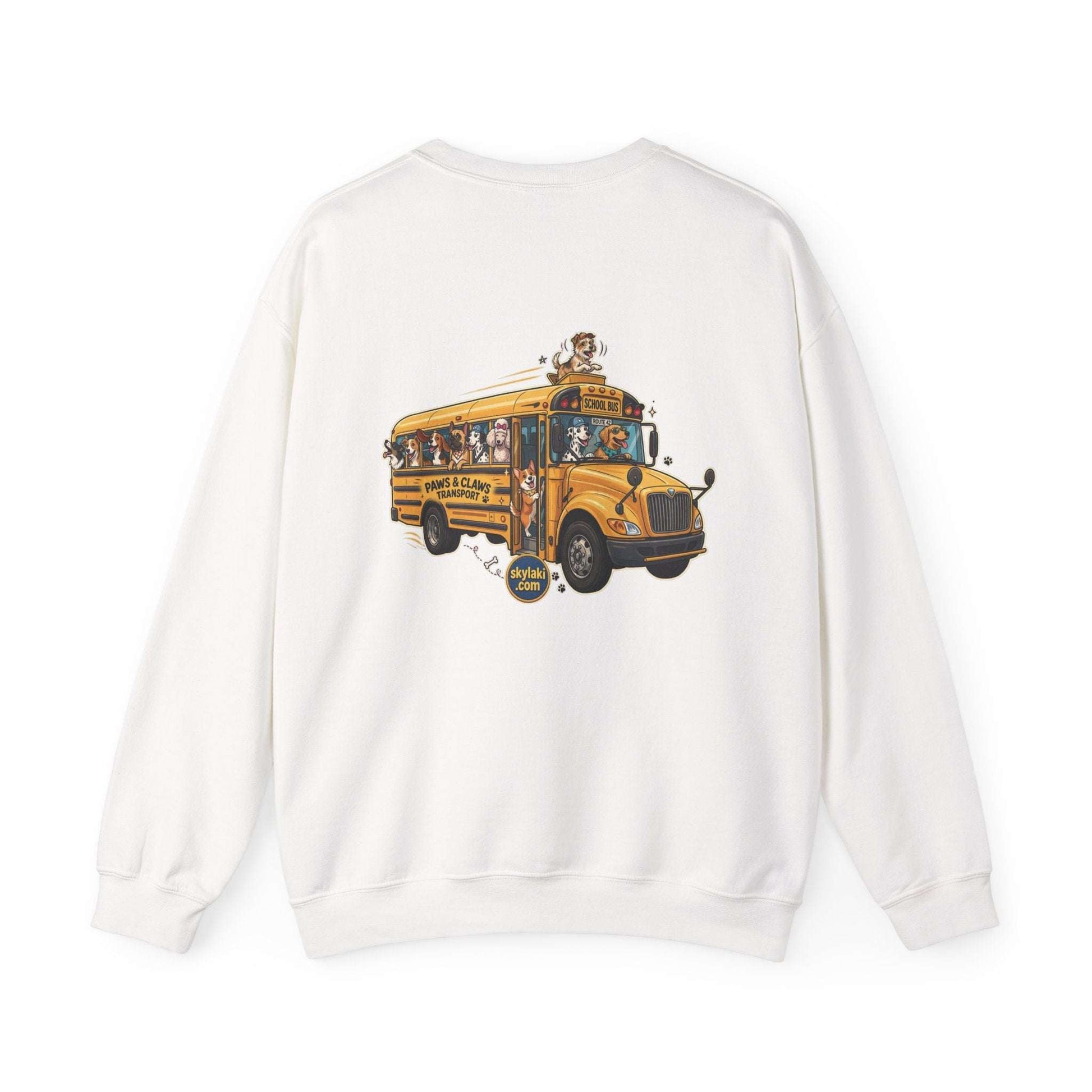Dog school bus sweatshirt with whimsical multi-breed dog design