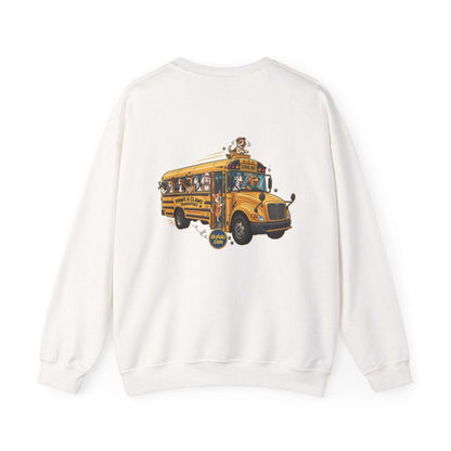 Dog school bus sweatshirt with whimsical multi-breed dog design