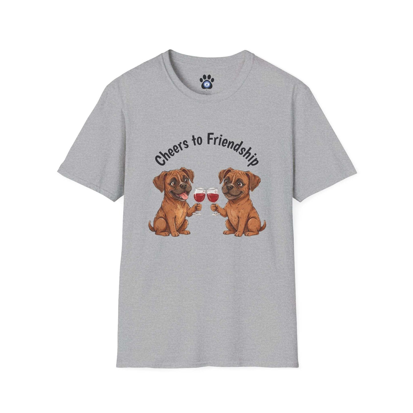 dog wine t-shirt with two dogs clinking wine glasses and cheers to friendship text