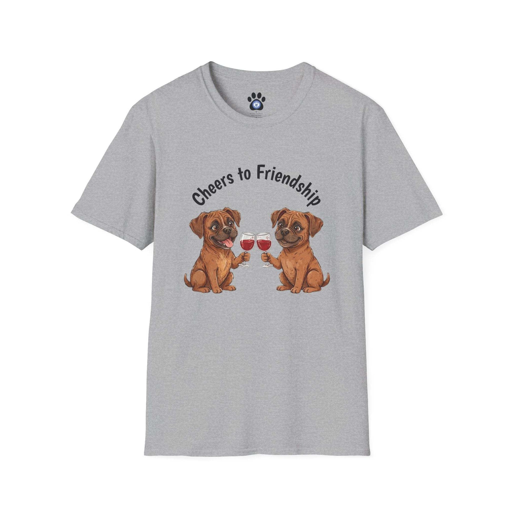 dog wine t-shirt with two dogs clinking wine glasses and cheers to friendship text