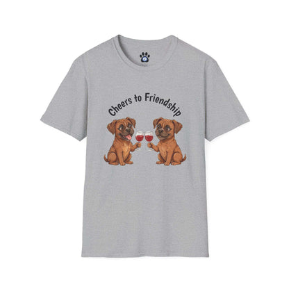 dog wine t-shirt with two dogs clinking wine glasses and cheers to friendship text
