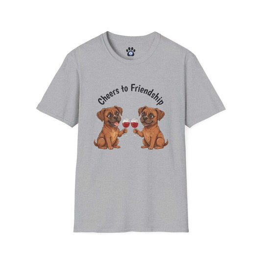 dog wine t-shirt with two dogs clinking wine glasses and cheers to friendship text