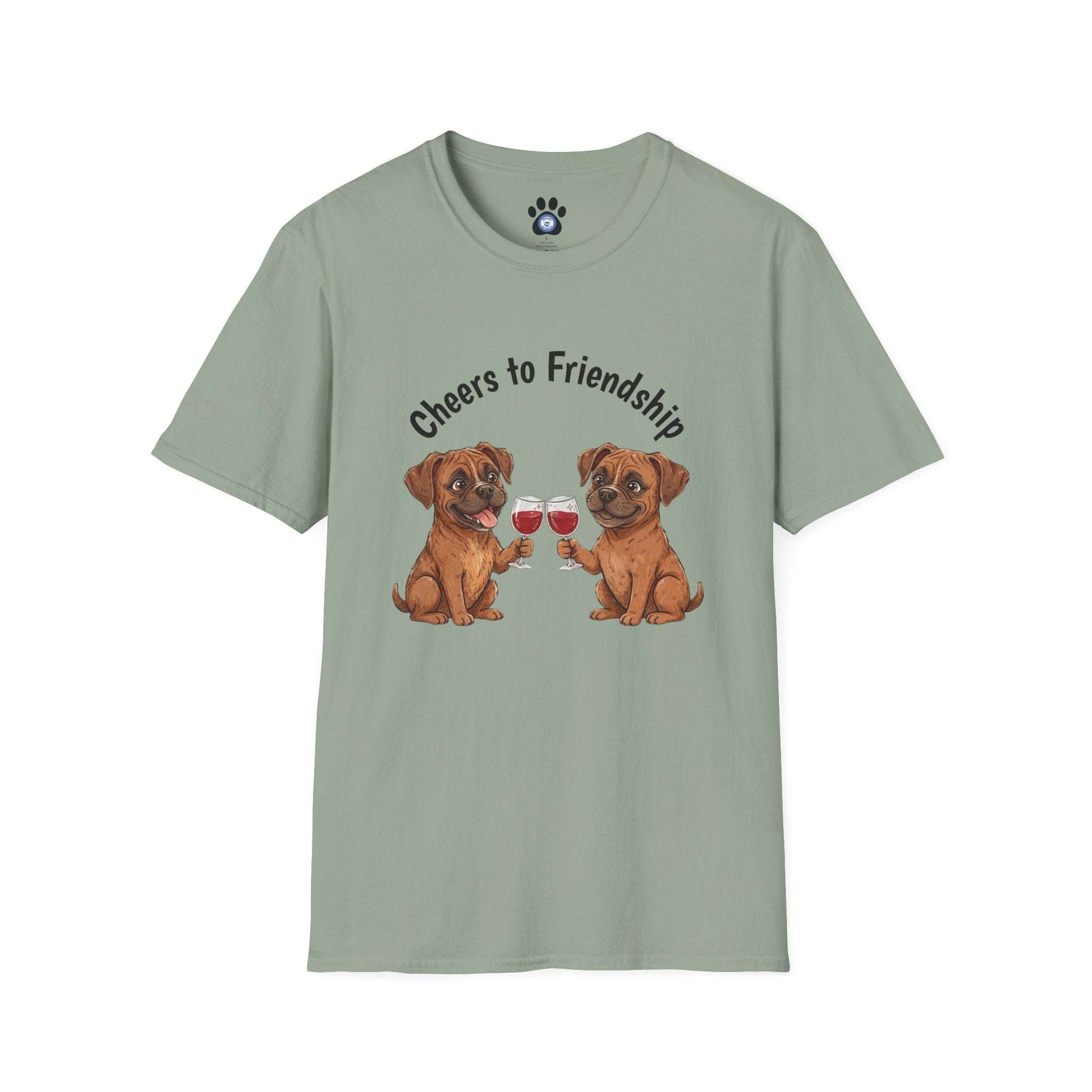 Unisex dog wine t-shirt with playful dogs clinking glasses and cheers to friendship text