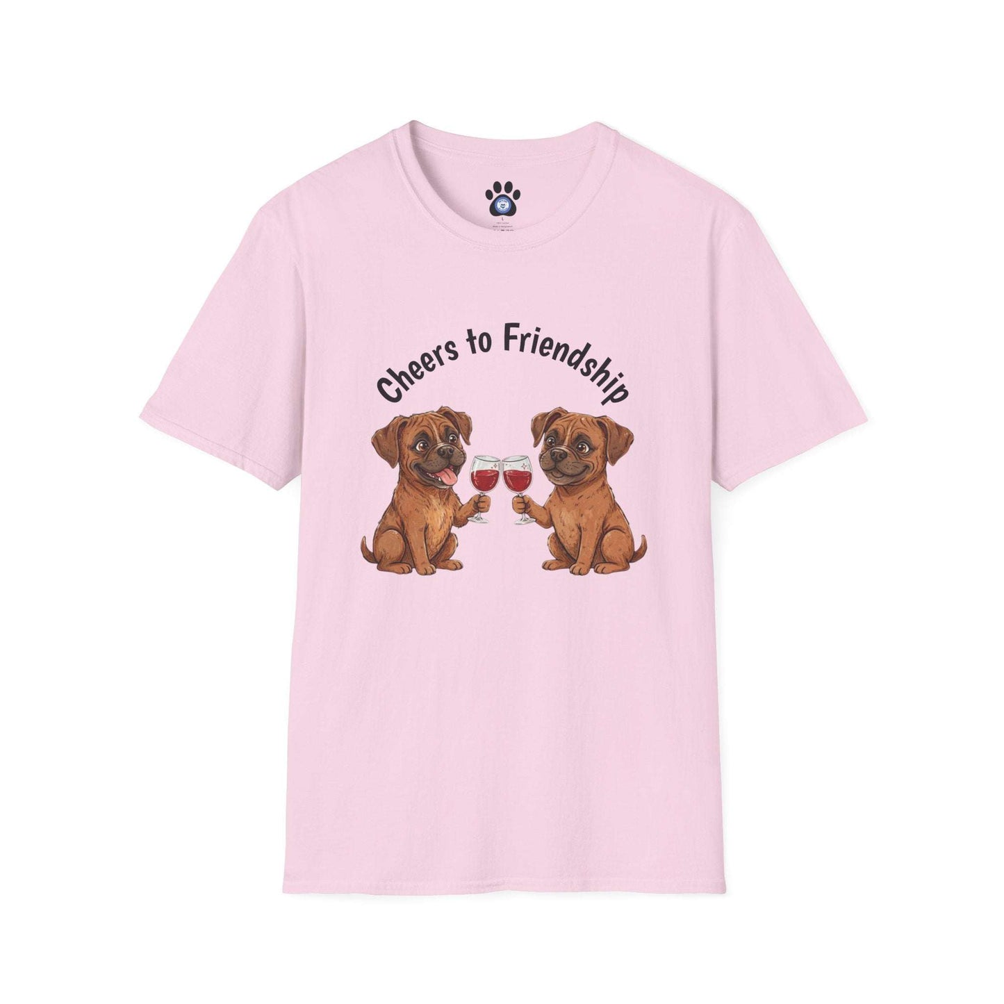 Unisex dog wine t-shirt with playful dogs clinking wine glasses design