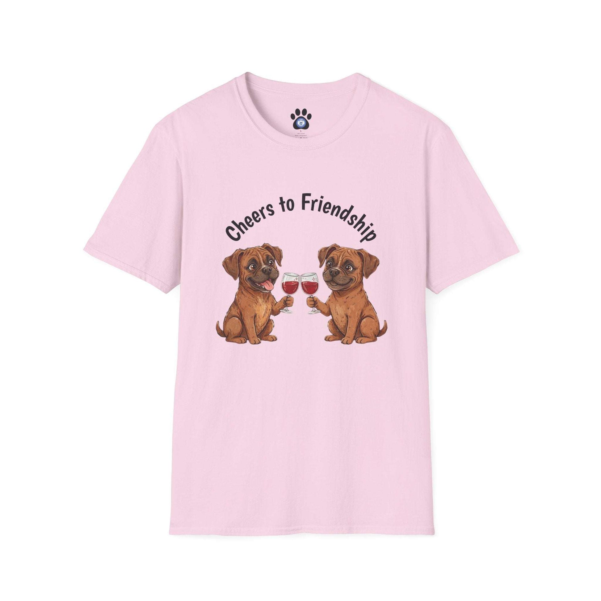 Unisex dog wine t-shirt with playful dogs clinking wine glasses design