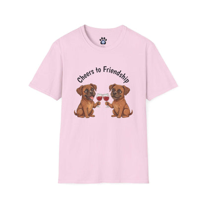 Unisex dog wine t-shirt with playful dogs clinking wine glasses design