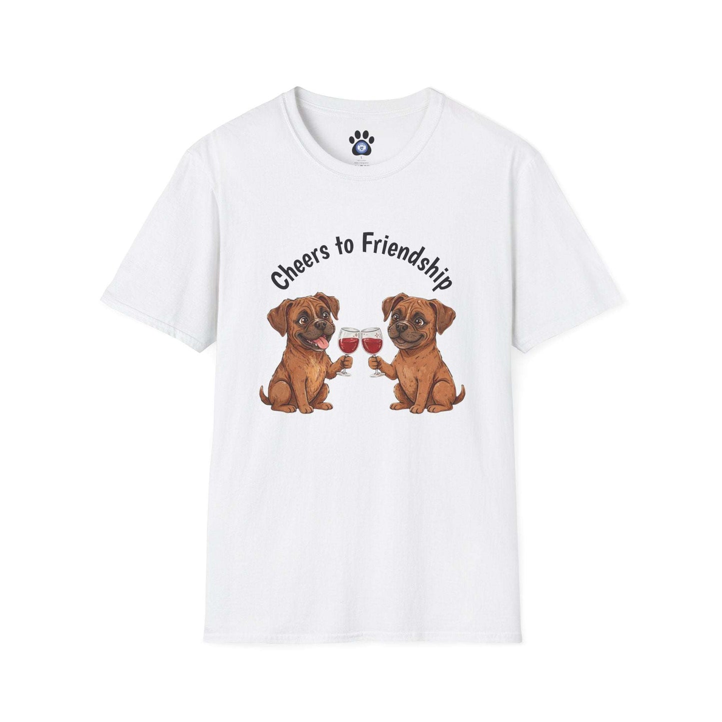 Unisex dog wine t-shirt with two dogs clinking glasses and cheers to friendship print