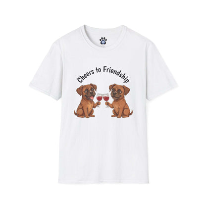 Unisex dog wine t-shirt with two dogs clinking glasses and cheers to friendship print