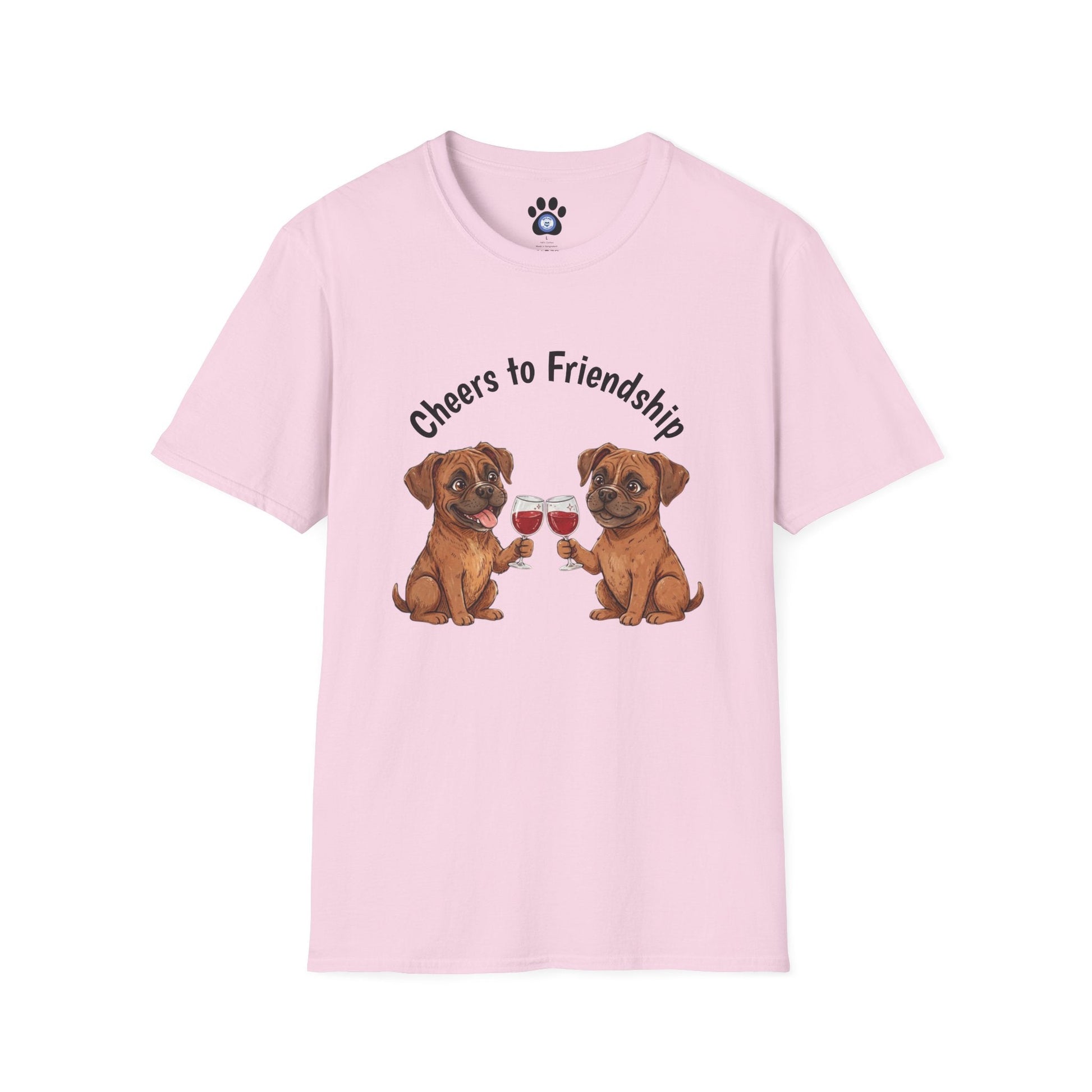 Unisex dog wine t-shirt with dogs clinking glasses and cheers to friendship text