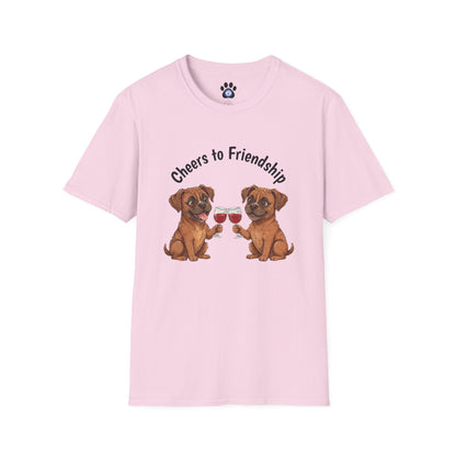 Unisex dog wine t-shirt with dogs clinking glasses and cheers to friendship text