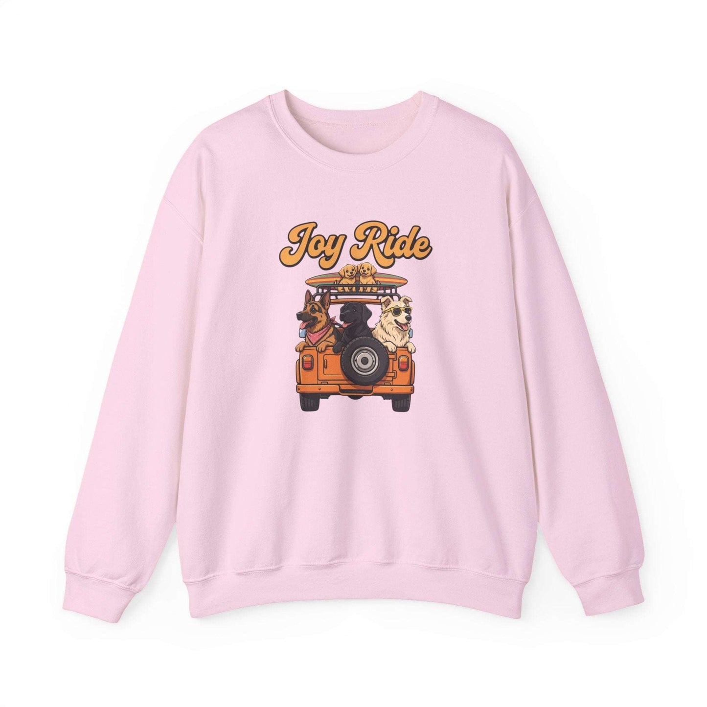 Unisex Dogs Joy Ride sweatshirt with retro orange van and dogs graphic