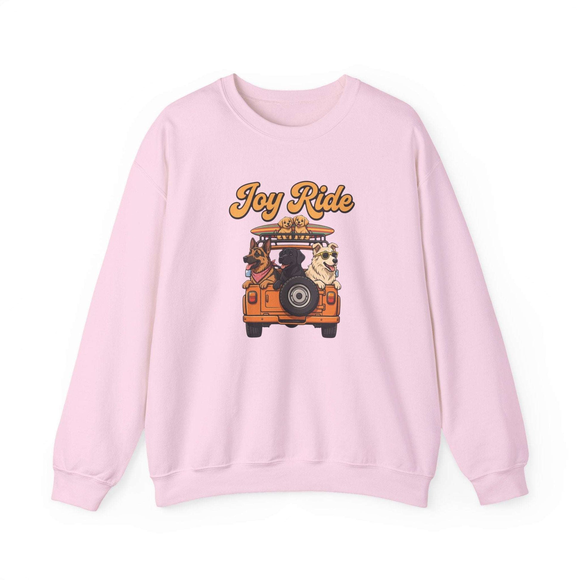 Unisex Dogs Joy Ride sweatshirt with retro orange van and dogs graphic