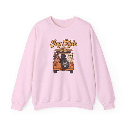 Unisex Dogs Joy Ride sweatshirt with retro orange van and dogs graphic