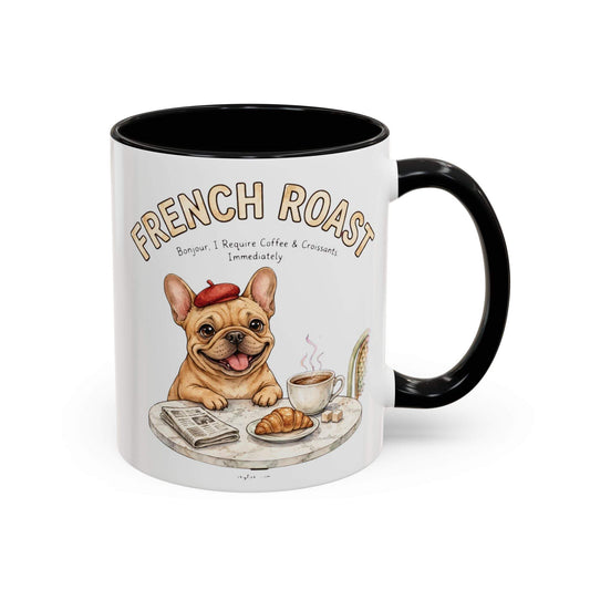 French bulldog coffee mug with colorful handle and Parisian design