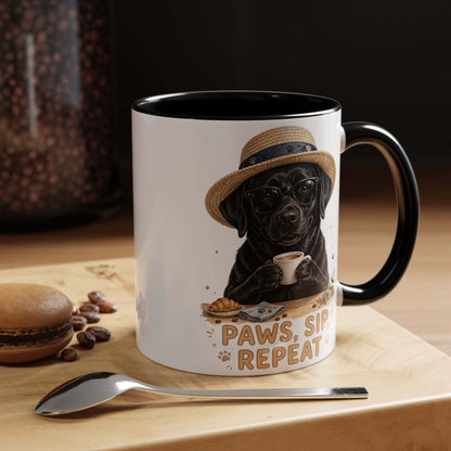 Funny black lab coffee mug with colorful handle and playful dog design