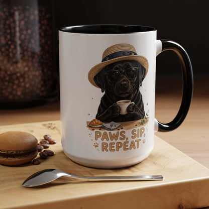 Funny black lab coffee mug with colorful interior and playful dog design