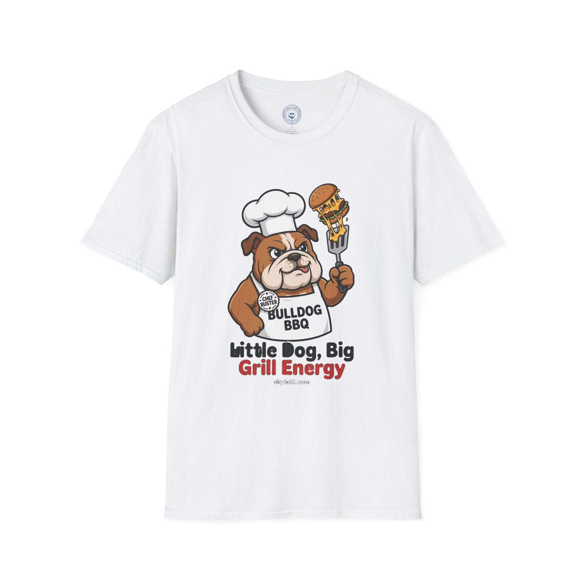 Cartoon bulldog chef BBQ shirt with slogan little dog big grill energy