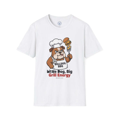 Cartoon bulldog chef BBQ shirt with slogan little dog big grill energy