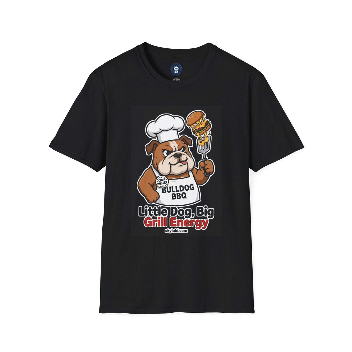 Funny bulldog BBQ shirt with chef hat and burger graphic