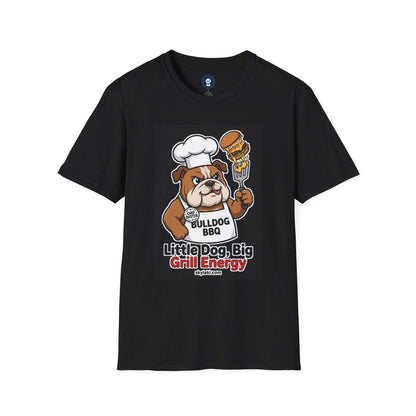 Funny bulldog BBQ shirt with chef hat and burger graphic