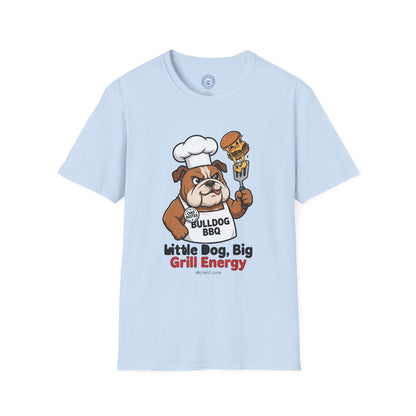 Funny bulldog BBQ shirt with cartoon chef bulldog grilling burger