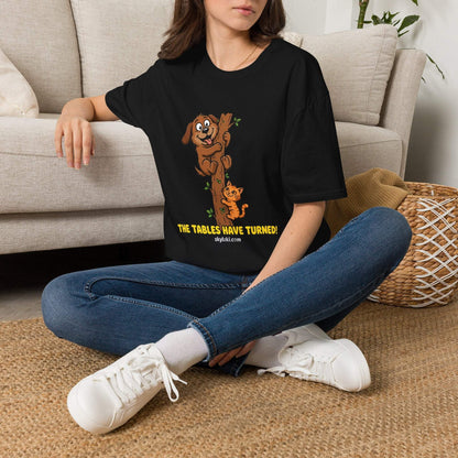 funny cat chasing dog shirt with playful role reversal design