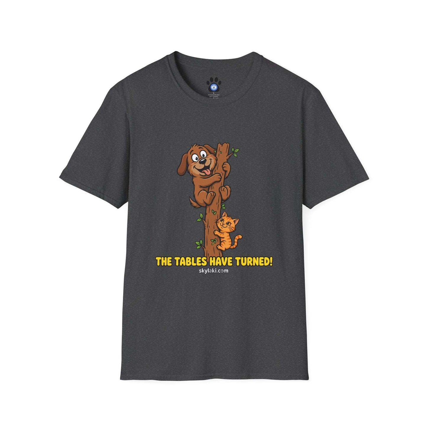 Funny cat chasing dog graphic on soft cotton t-shirt