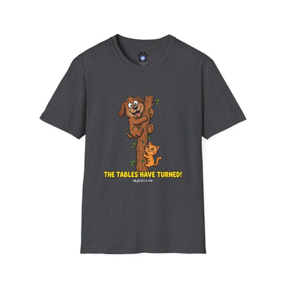 Funny cat chasing dog graphic on soft cotton t-shirt