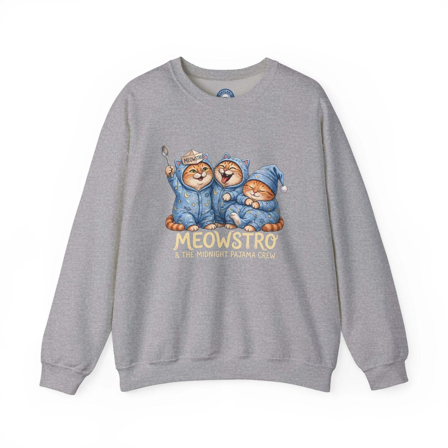 Funny cat pajama sweatshirt with three sleepy cats and snacks design