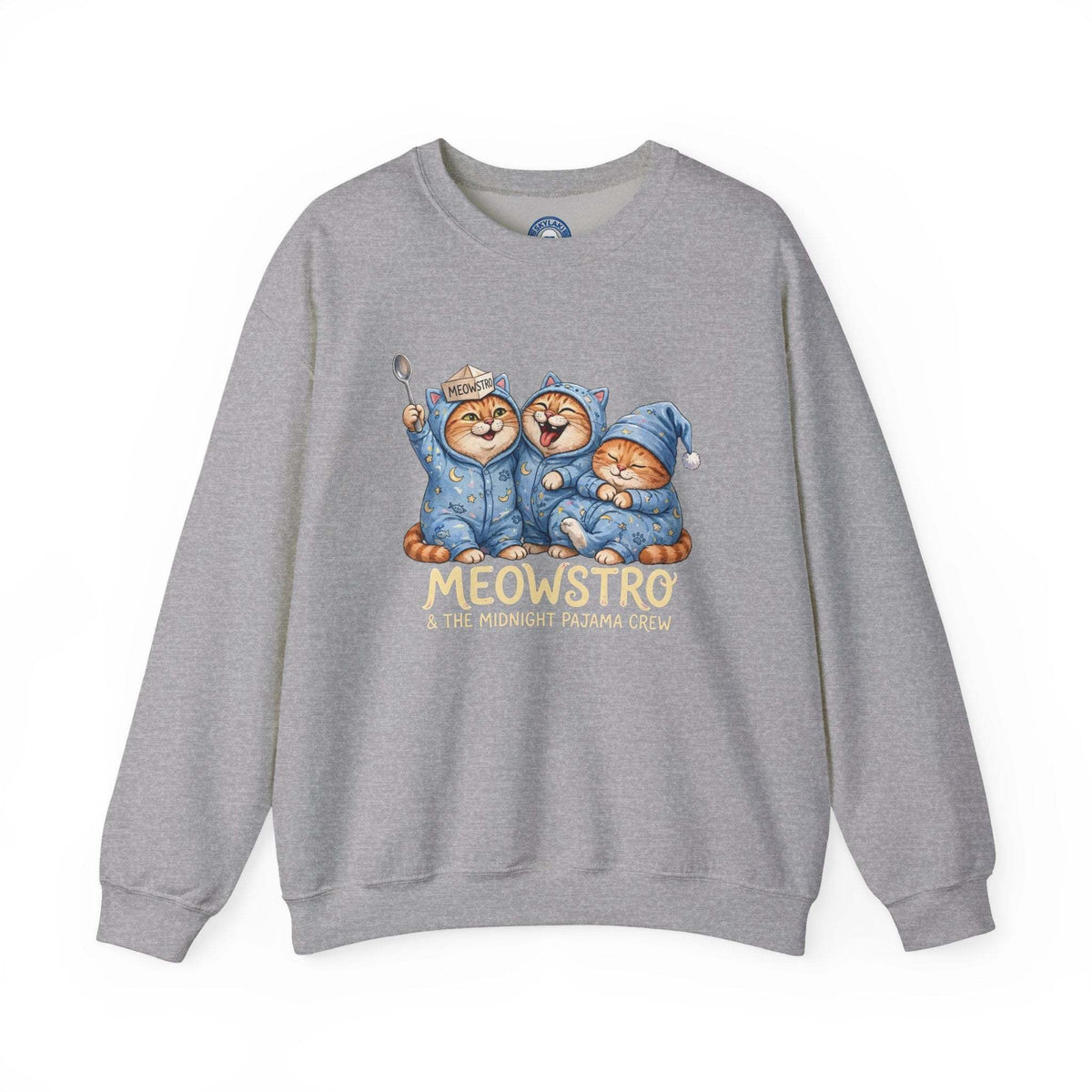 Funny cat pajama sweatshirt with three sleepy cats and snacks design