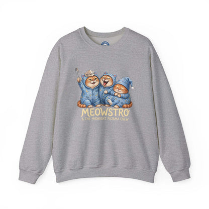 Funny cat pajama sweatshirt with three sleepy cats and snacks design