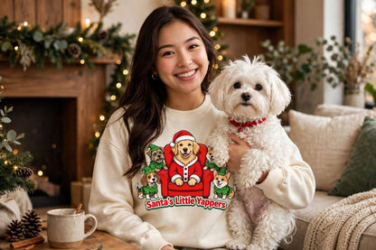 Funny Christmas dog sweatshirt with embroidered golden retriever in Santa suit and corgis on white cotton-poly blend fabric
